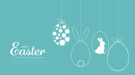 Happy Easter card with easter eggs garland and rabbit. Simple vector decoration design. © RMAKE