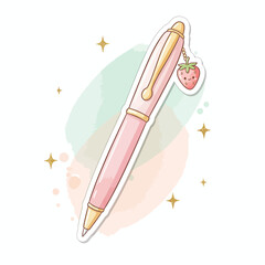 Pink fountain pen sticker with a smiling strawberry charm and gold sparkles