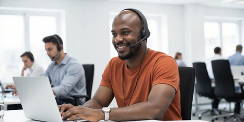 a smiling man in an office with a headset on