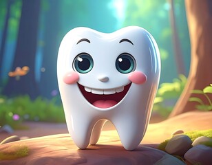 Cartoon molar with a big grin stands in a bright forest landscape