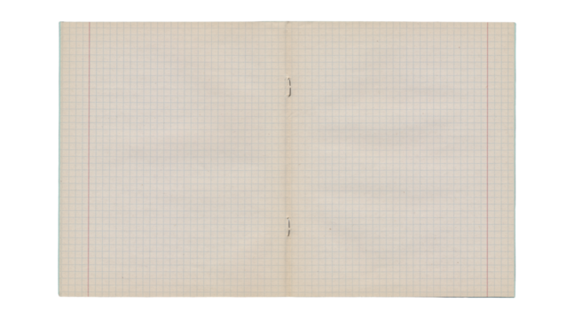 Worn open notebook graph paper spread with torn center and stains - Powered by Adobe