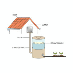 Rainwater harvesting system showing roof collection filtration storage and irrigation