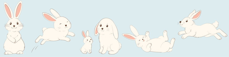Cute Easter Bunny Characters Set in Different Poses for Nursery, Kids Design and Baby Products