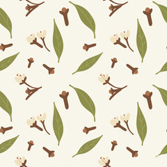Seamless pattern of stylized cloves and green leaves on a light background