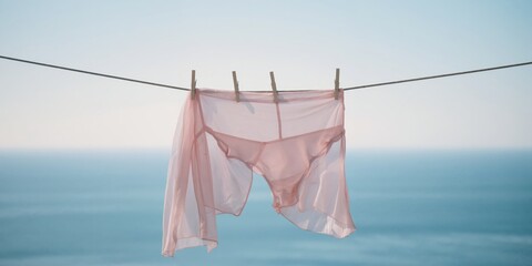 a pink underwear hanging on a clothesline