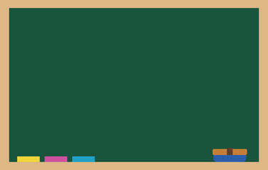 Empty Green Chalkboard with Wooden Frame - Classroom Blackboard Mockup with Chalk and Eraser Vector