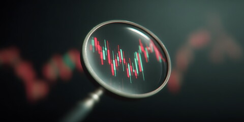 a magnifying glass that focuses on stock market charts