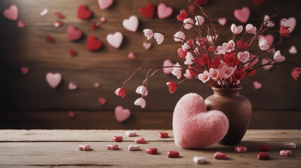 Empty old wooden table background with valentines day theme in background 

