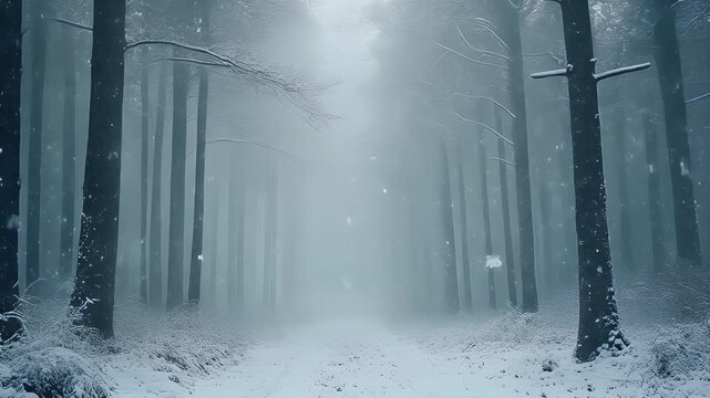 A snow-covered path winds through a misty forest, tall trees lined on both sides, snowflakes falling. The scene has a cold, wintery vibe