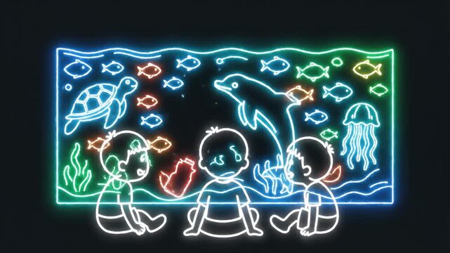 Neon Chalkboard Scene With Children Exploring Ocean Creatures.