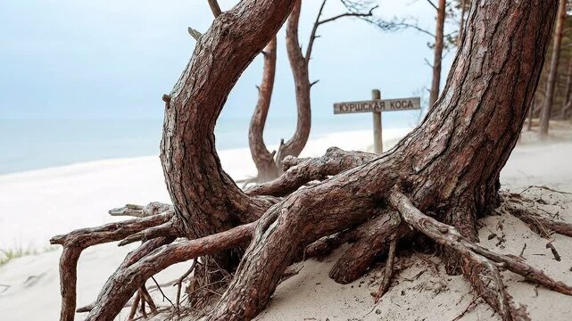 Exposed pine tree roots on a sandy dune at the Curonian Spit National Park. Wooden sign with Cyrillic text Kurshskaya Kosa near the Baltic Sea coast in Russia