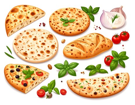 Assortment of flatbreads, pizza slices, and loaf with basil, tomatoes, garlic, and olives, on a white surface