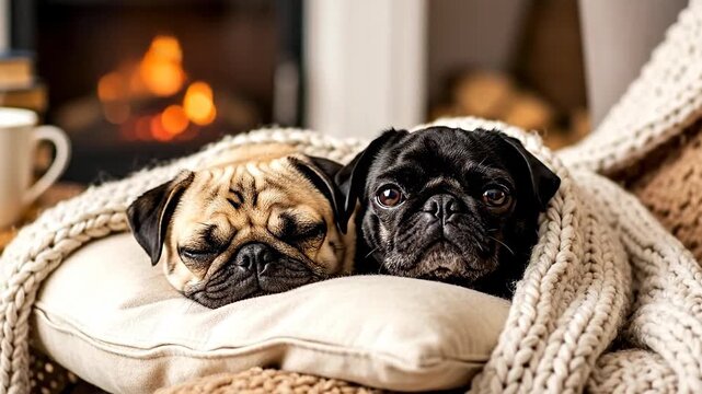 Two pugs cozy together on a pillow near a warm fireplace.