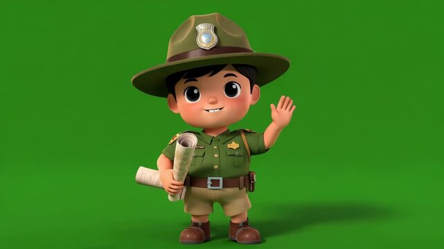 Cute cartoon scout character waving on green background