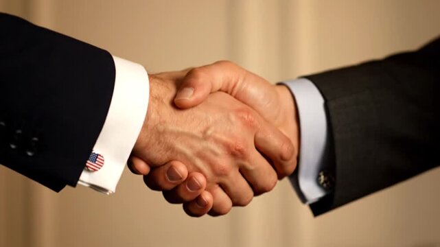 A video montage repeatedly captures a formal handshake between two suited individuals, one sporting US flag cufflinks, emphasizing partnership, negotiation, and finalized agreements in a professional