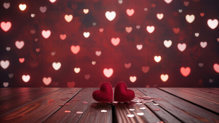 Empty old wooden table background with valentines day theme in background 
