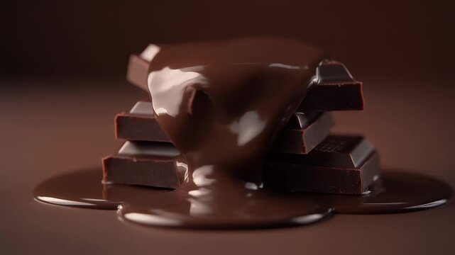 A stack of chocolate squares with molten chocolate cascading down. The backdrop is a smooth brown. The focus is on the chocolate, with a shallow depth
