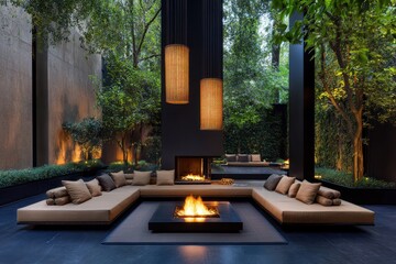 Obraz premium Serene Outdoor Lounge: A modern outdoor living space, seamlessly blending nature with design. A cozy seating arrangement surrounds a fire pit, with trees framing the view.