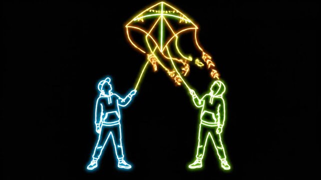 Neon Line Art Teamwork Demonstration With Kite Flight At Night.