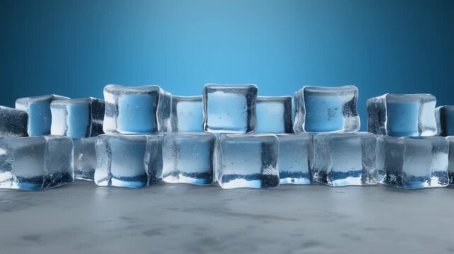 A stack of translucent ice cubes are displayed on a gray surface against a gradient blue backdrop. The cubes appear to have internal texture
