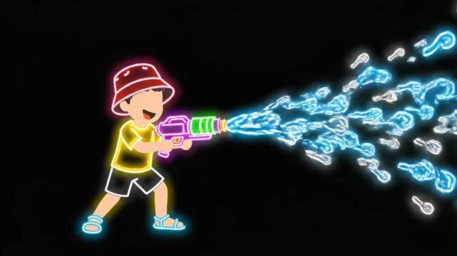 Neon Child With Laser Gun Creates Colorful Music Notes Scene.