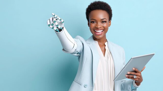 Confident businesswoman with cybernetic hand holding tablet on light blue background