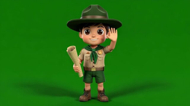 Cute cartoon scout character with map on green background