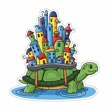 A whimsical turtle with a vibrant city