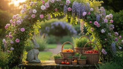 Blooming Archway: A captivating scene features a floral archway draped in cascading roses and wisteria, inviting one to stroll through a hidden garden filled with bountiful baskets
