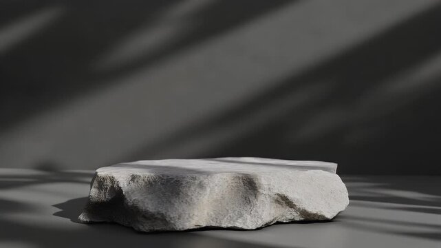 A stone platform rests in a gray space. Soft shadows cast patterns across the background. The flat surface provides a minimalist stage for product display
