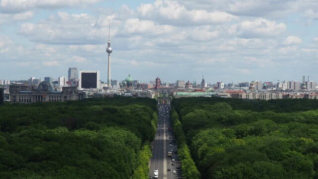 Panoramic view of Berlin skyline with TV Tower, Tiergarten park and Strasse des 17. Juni, Germany