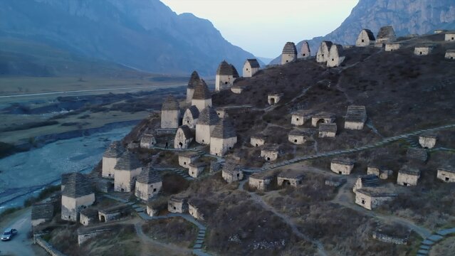 Aerial view of dargavs city of the dead ancient necropolis. Media