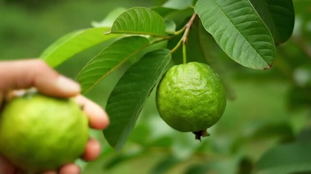 A close-up shot of a hand inspecting and holding a large, ripe guava fruit, followed by the hand moving down to check a smaller, green guava hanging from a branch amidst lush green foliage on a tropi