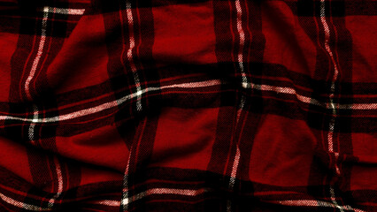 crimson tartan fabric texture with black white stripes wrinkling softly in closeup evoking cozy autumn warmth for wallpaper or festive banner