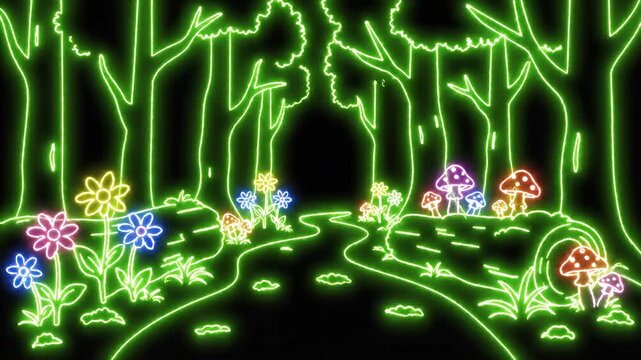 Neon Forest Pathway With Glowing Flowers At Night.
