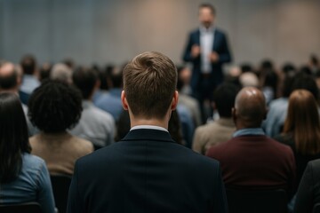 Audience listening to speaker attentively.
