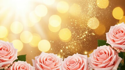 Naklejka premium Ethereal Rose Blooms: Delicate pink roses bloom gracefully against a soft, golden backdrop adorned with radiant bokeh, exuding an air of elegance and enchantment.