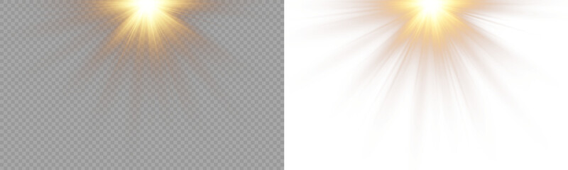 Lens flare sunlight effect with optical rings and bright rays. Stock vector illustration on transparent background.  © Pixora_light