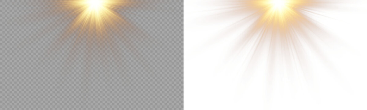 Lens flare sunlight effect with optical rings and bright rays. Stock vector illustration on transparent background.	