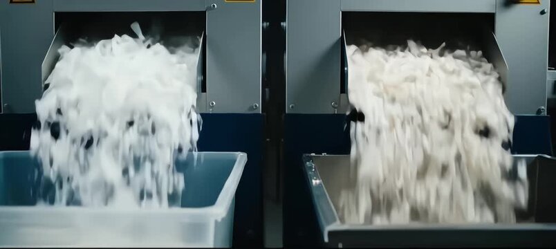 Automated industrial shredding machine processing white textile bundles from conveyor belt into fluffy raw material in manufacturing plant