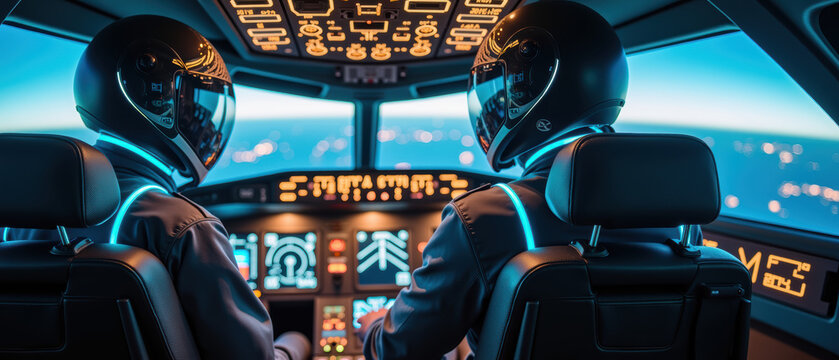 Futuristic cockpit with pilots wearing helmets, illuminated controls, and panoramic view of cityscape at night