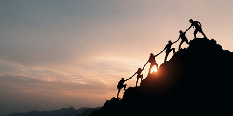 An image of silhouettes of people helping each other climb a mountain. This image symbolizes teamwork, overcoming obstacles, and shared success.