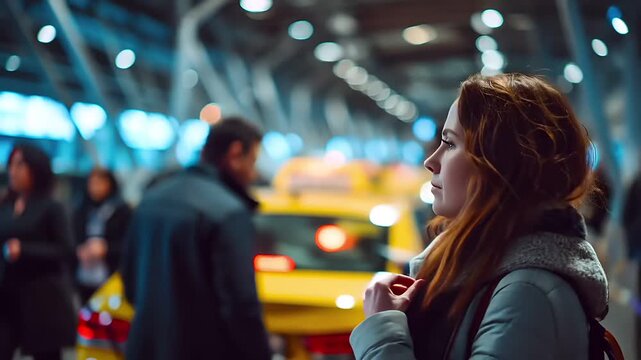 A woman with long, wavy hair and a blue jacket stands in a bustling city street at night, her gaze directed away from the camera.