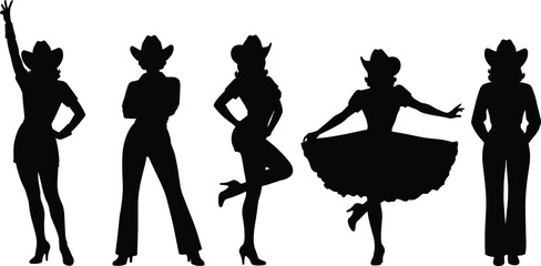 Black silhouettes of women in western cowgirl outfits featuring cowboy hats and boots in various poses for country music and ranch life concepts flat vector.