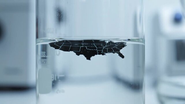 A black, detailed silhouette map of the USA, showing state borders, floats precariously on the surface tension of clear liquid inside a laboratory beaker, hinting at geopolitical volatility or scient