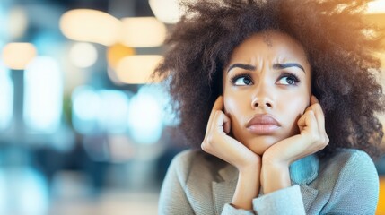 Captured in Thought: A young woman, lost in contemplation, gazes upward with a thoughtful expression, her hands gently framing her face.