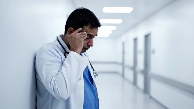 A stressed doctor leans against a bright hospital corridor wall, expressing deep frustration and exhaustion over several seconds. He hits the wall and rubs his face, conveying intense emotional burno