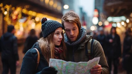 A man and a woman are engrossed in reading a map on a city street during what appears to be a festive season, possibly a Christmas market. The woman is wearing a beanie and scarf.