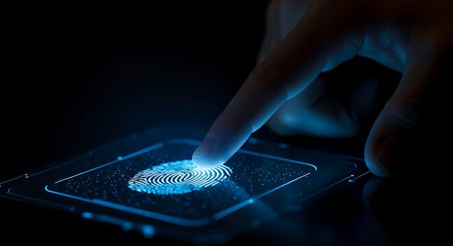Fingerprint scan on smartphone screen with blue glow - Powered by Adobe
