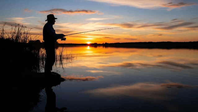 Silhouette of a fisherman casting a line into a calm lake at sunset.